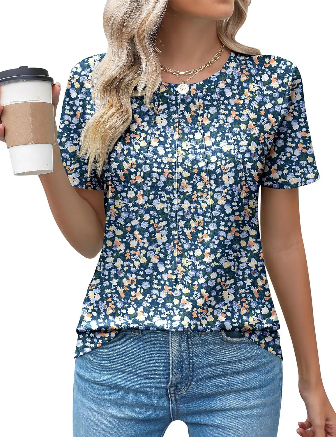 Blusas femininas casuais com gola redonda e mangas curtas plissadas