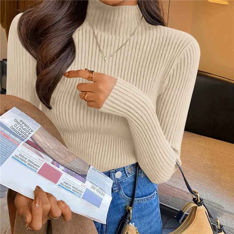 Blusa feminina de manga longa com gola alta, estilo Harajuku. Pulôver de malha fina, ajuste magro e elástico, básico e sólido, perfeito para compor looks simples.