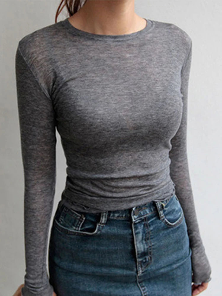 Camisa feminina básica de alta qualidade, elástica e simples. Camisetas femininas casuais, com manga longa e design sexy, em tecido fino e transparente.