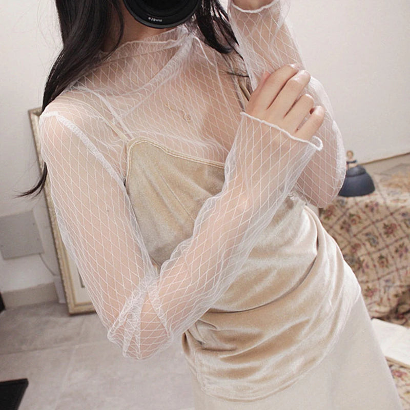 Blusa feminina de renda com camiseta de fundo, primavera e outono, manga longa, malha colheita. Topo estilo estrangeiro, sexy, com detalhes ocos e gola alta.