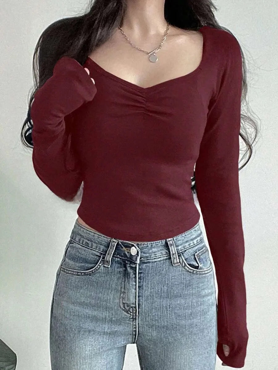 Camisetas femininas de manga longa – Camisas básicas justas com decote em V, sexy e na moda para o outono.