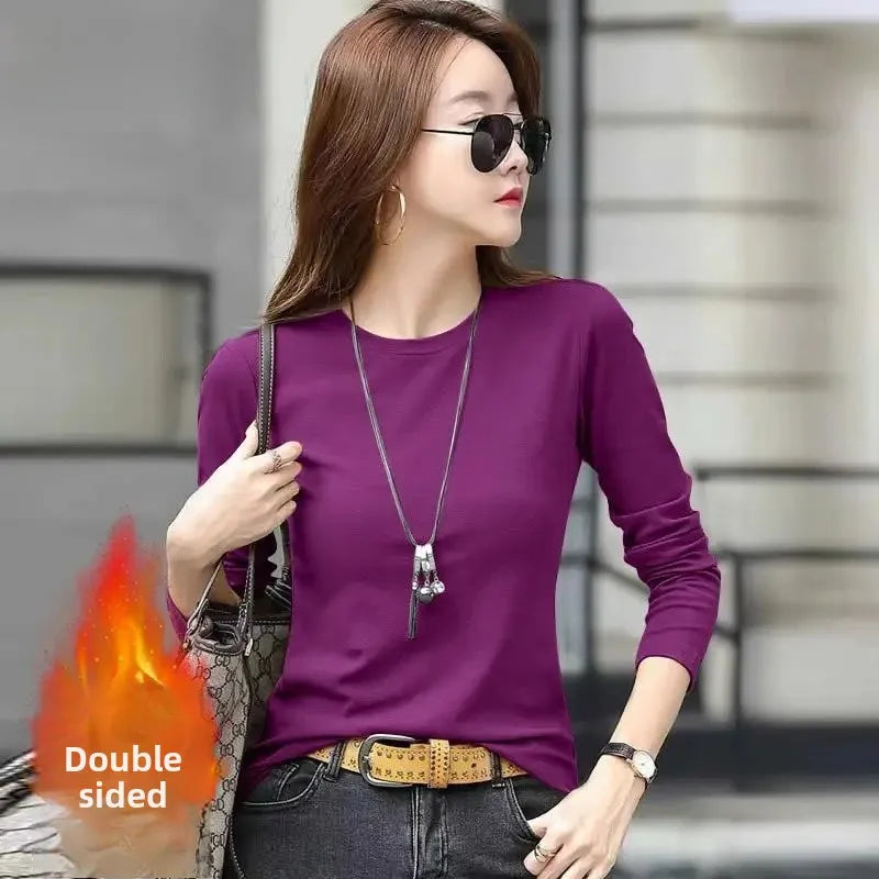 Camiseta feminina slim fit de manga longa com gola redonda, estilo simples e elegante, decorada com detalhes em linha, perfeita para o outono e inverno, feita de poliéster.