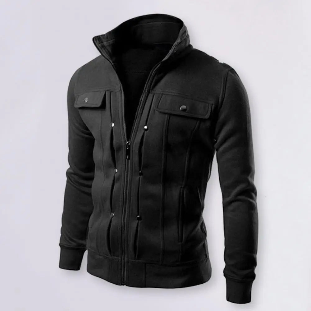 Jaqueta Masculina  - Vestuário Externo em Cor Sólida, com Gola, Fecho de Botões e Zíper, Ideal para Primavera e Outono, Modelo Longo para Homens.