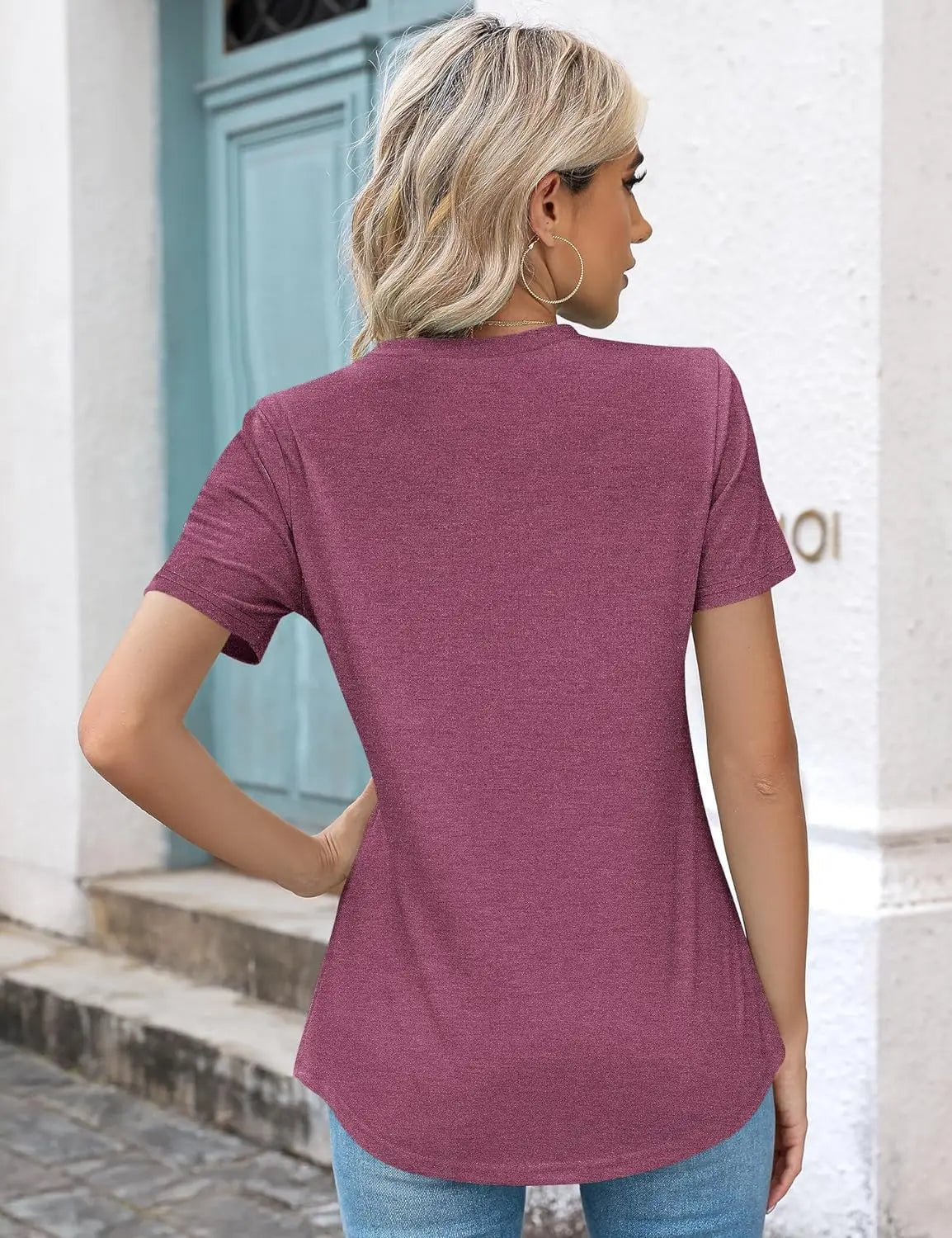 Blusas femininas casuais com gola redonda e mangas curtas plissadas