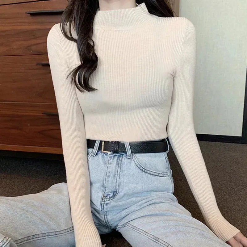 Blusa feminina de manga longa com gola alta, estilo Harajuku. Pulôver de malha fina, ajuste magro e elástico, básico e sólido, perfeito para compor looks simples.