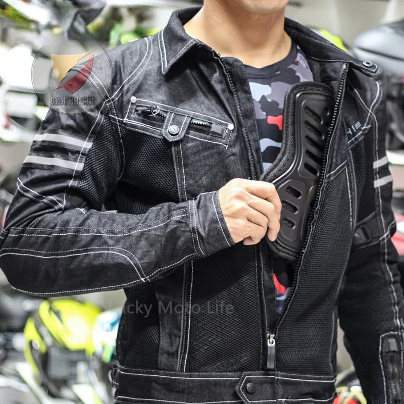 Jaqueta Komine JK006 - Primavera, Respirável, em Denim, Ideal para Corridas e Passeios de Alto Desempenho, com Resistência à Queda. Jaqueta para Motocicleta.