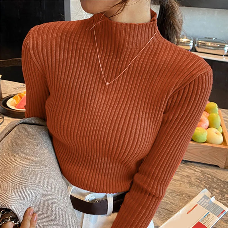 Blusa feminina de manga longa com gola alta, estilo Harajuku. Pulôver de malha fina, ajuste magro e elástico, básico e sólido, perfeito para compor looks simples.