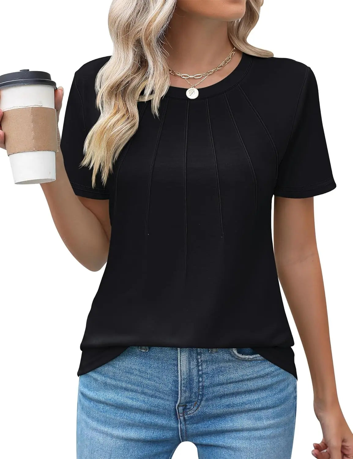 Blusas femininas casuais com gola redonda e mangas curtas plissadas