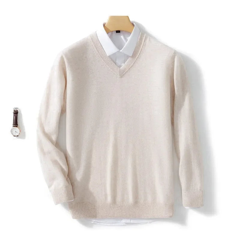 Blusa de caxemira macia masculina, ideal para outono e inverno, com decote em V e ajuste confortável, perfeita para looks casuais e de negócios.