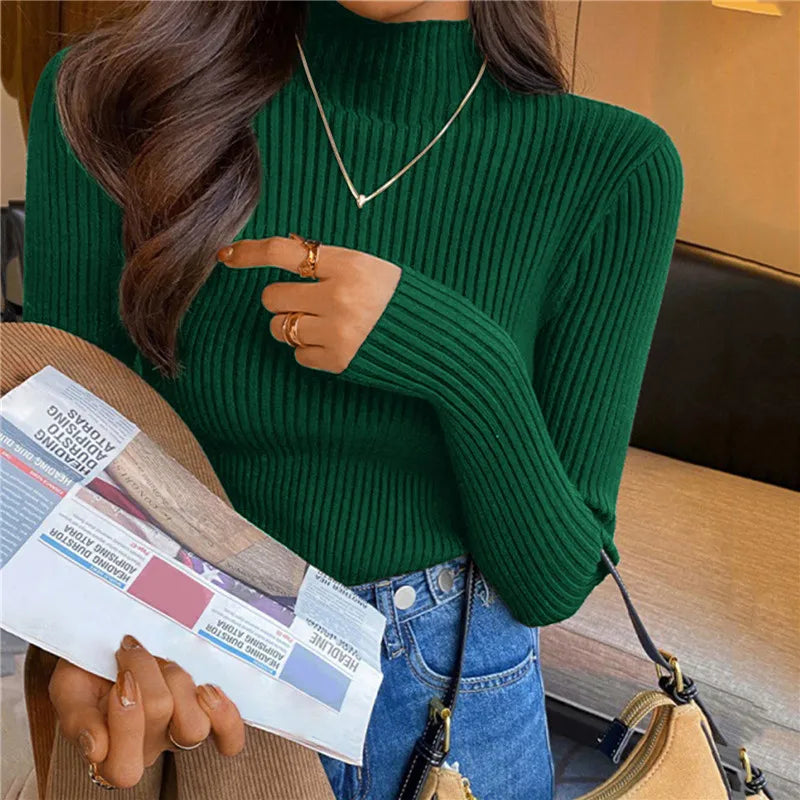 Blusa feminina de manga longa com gola alta, estilo Harajuku. Pulôver de malha fina, ajuste magro e elástico, básico e sólido, perfeito para compor looks simples.