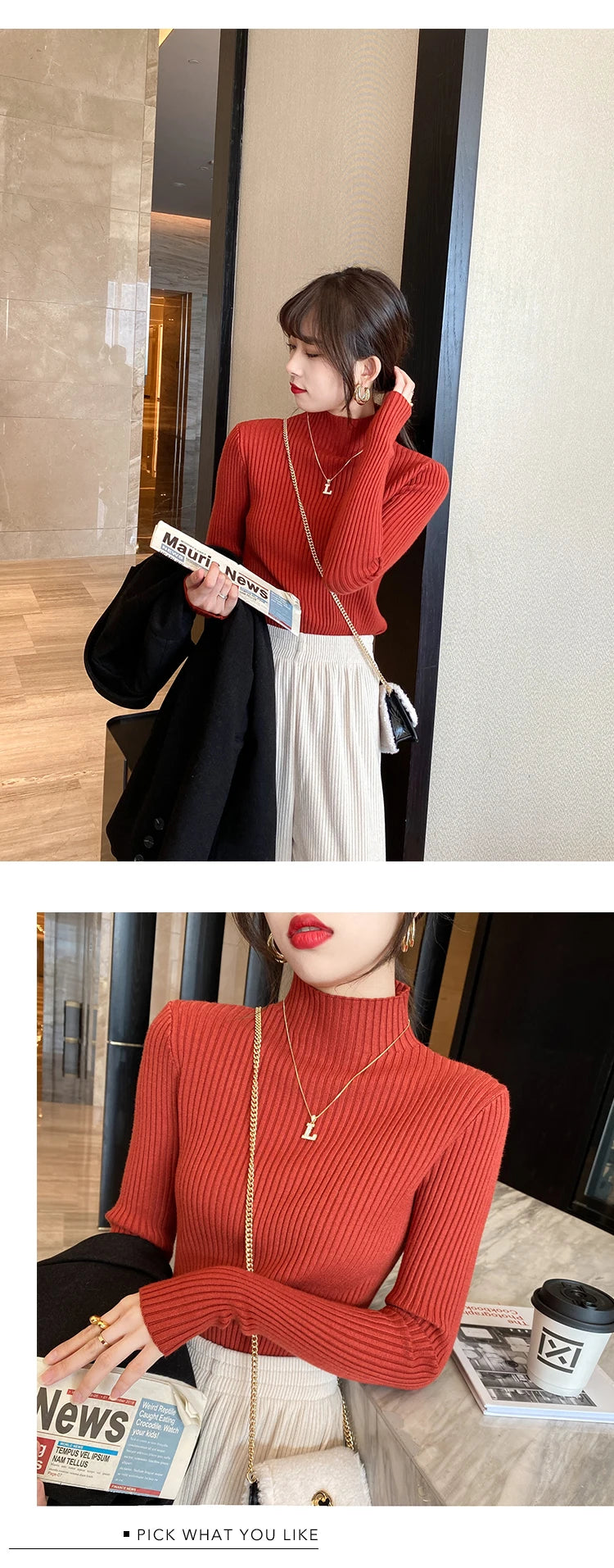 Blusa feminina de malha com manga longa e gola alta, ideal para o inverno. Pulôver fino, perfeito para compor looks modernos.