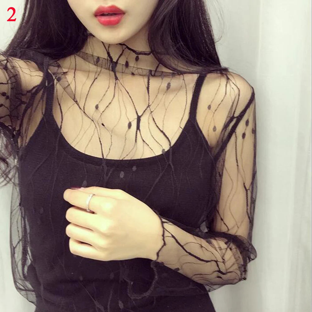 Blusa feminina de renda com camiseta de fundo, primavera e outono, manga longa, malha colheita. Topo estilo estrangeiro, sexy, com detalhes ocos e gola alta.