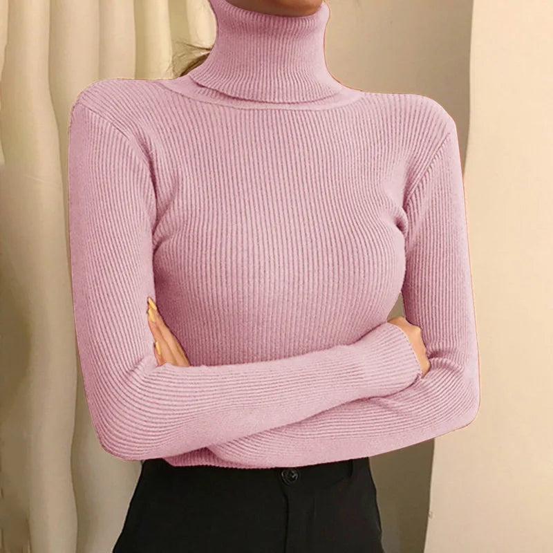 Blusa feminina de manga longa com gola alta, estilo Harajuku. Pulôver de malha fina, ajuste magro e elástico, básico e sólido, perfeito para compor looks simples.