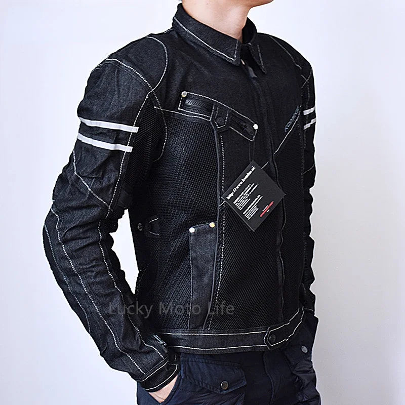 Jaqueta Komine JK006 - Primavera, Respirável, em Denim, Ideal para Corridas e Passeios de Alto Desempenho, com Resistência à Queda. Jaqueta para Motocicleta.