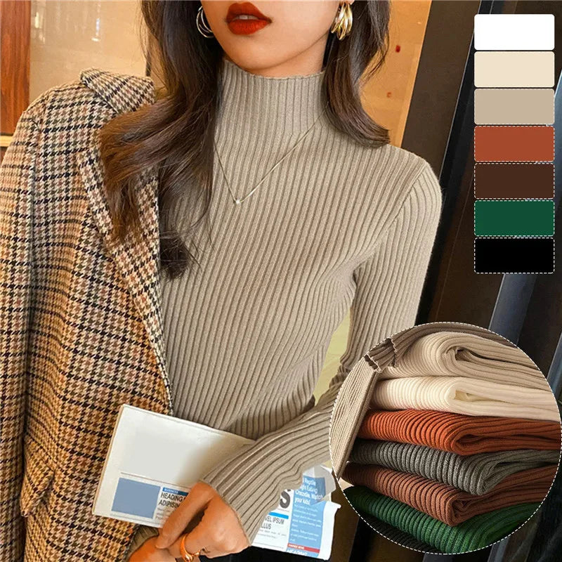 Blusa feminina de manga longa com gola alta, estilo Harajuku. Pulôver de malha fina, ajuste magro e elástico, básico e sólido, perfeito para compor looks simples.