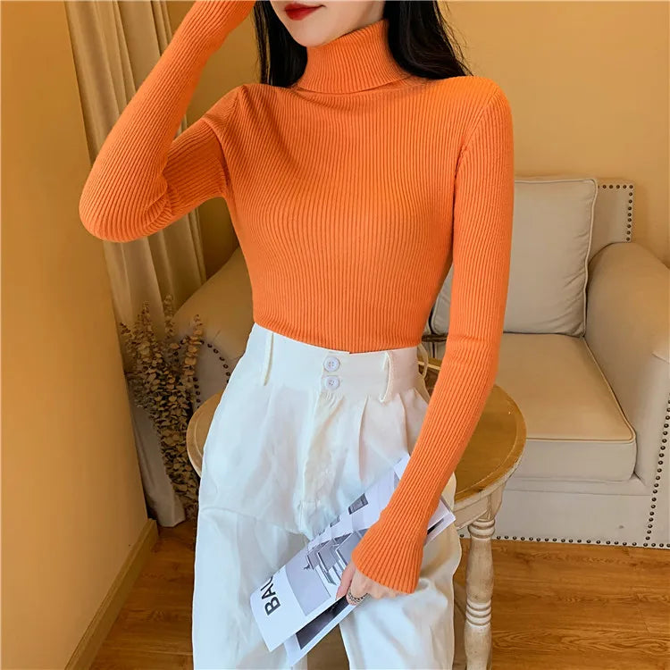 Blusa Feminina de Outono/Inverno 2025: Pulôver de Malha com Manga Longa, Gola Alta e Nervuras, Dobrável, Macia e Quente.