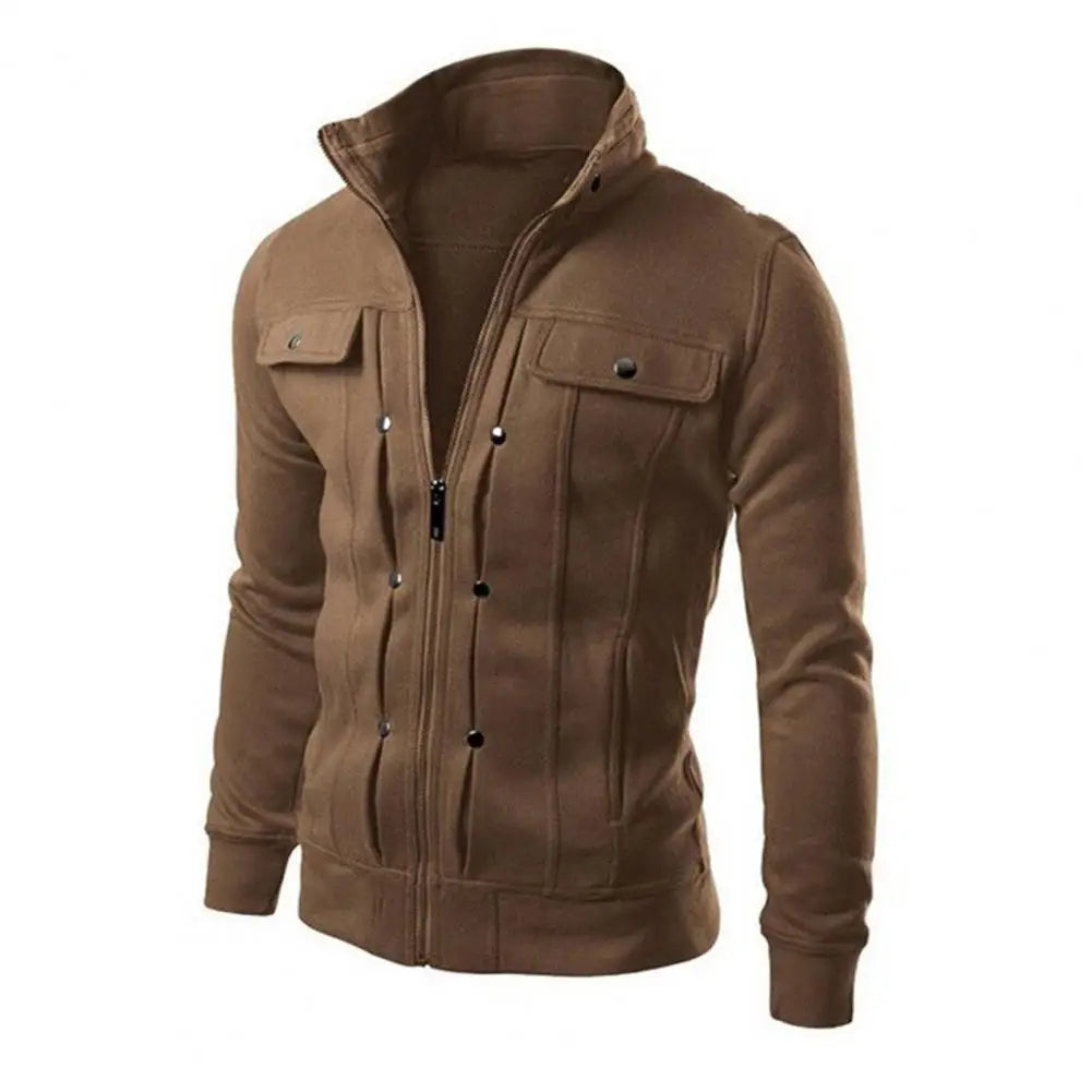 Jaqueta Masculina  - Vestuário Externo em Cor Sólida, com Gola, Fecho de Botões e Zíper, Ideal para Primavera e Outono, Modelo Longo para Homens.