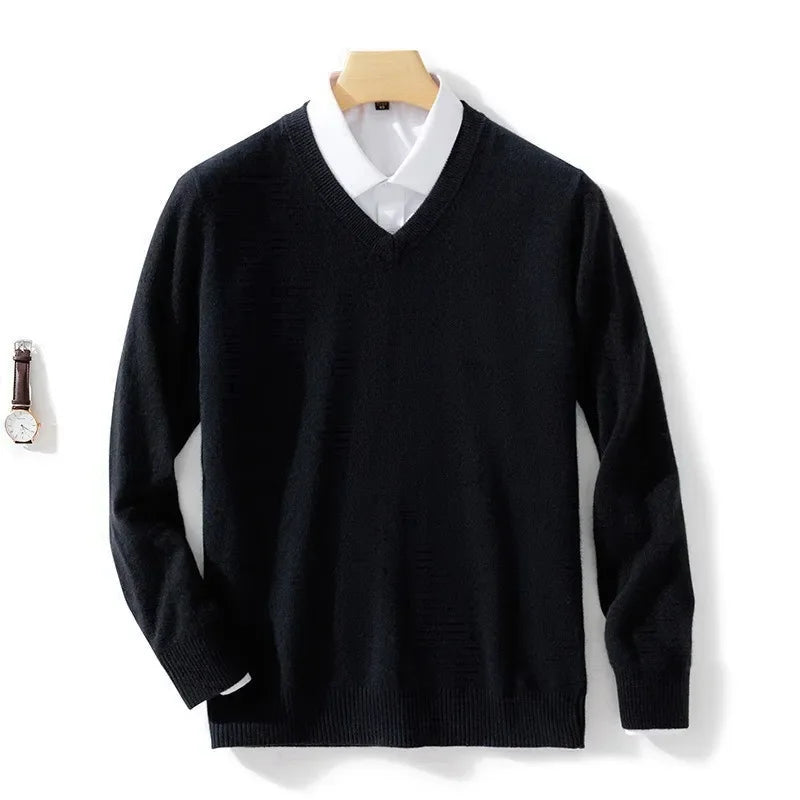 Blusa de caxemira macia masculina, ideal para outono e inverno, com decote em V e ajuste confortável, perfeita para looks casuais e de negócios.