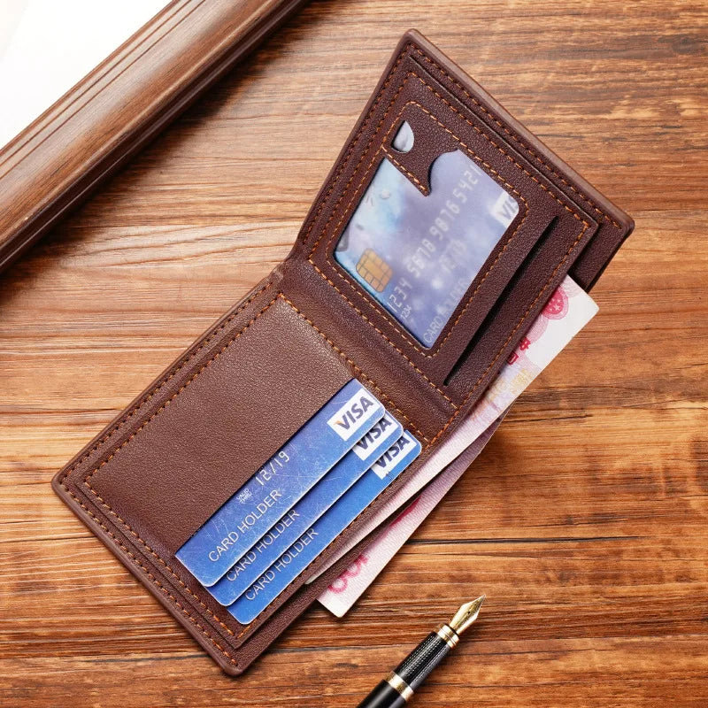 Carteira Bifold Curta Masculina em Couro Sintético Titular de Cartão de Identificação e Crédito Design Sólido e Elegante Ideal para Negócios e Uso Diário!