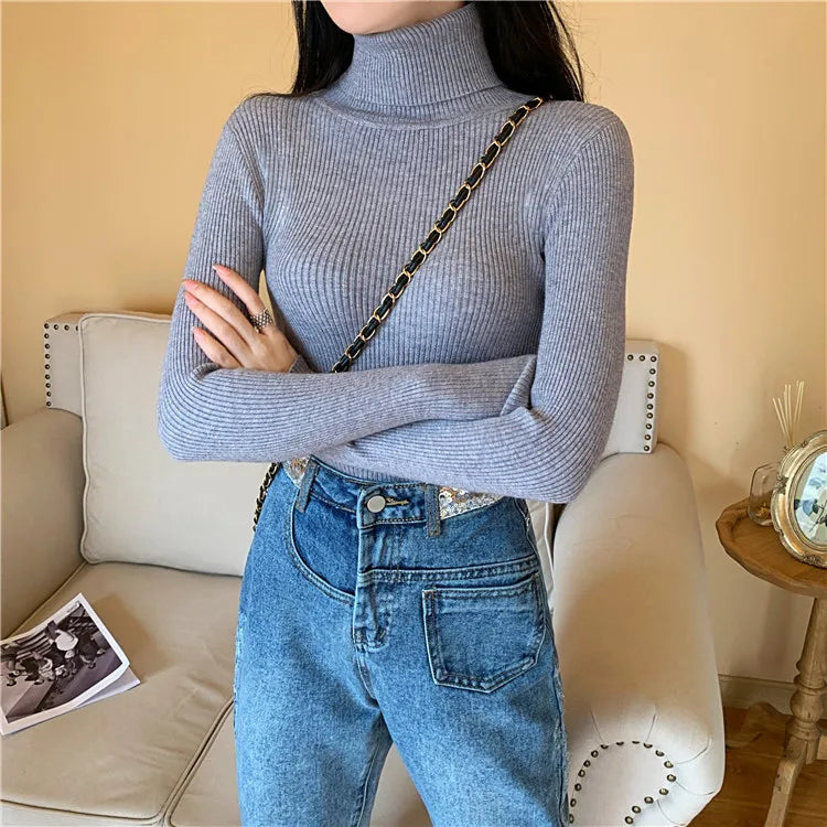 Blusa Feminina de Outono/Inverno 2025: Pulôver de Malha com Manga Longa, Gola Alta e Nervuras, Dobrável, Macia e Quente.
