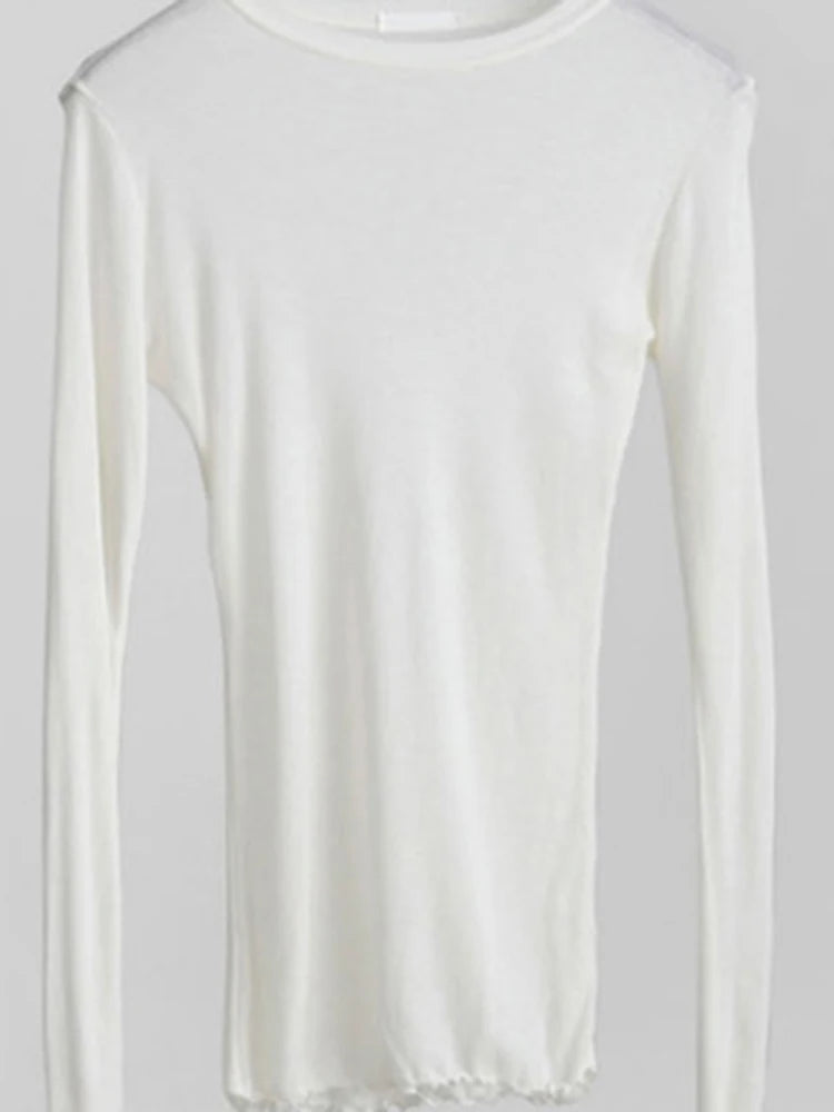 Camisa feminina básica de alta qualidade, elástica e simples. Camisetas femininas casuais, com manga longa e design sexy, em tecido fino e transparente.