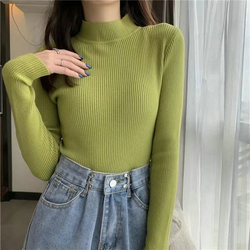 Blusa feminina de manga longa com gola alta, estilo Harajuku. Pulôver de malha fina, ajuste magro e elástico, básico e sólido, perfeito para compor looks simples.