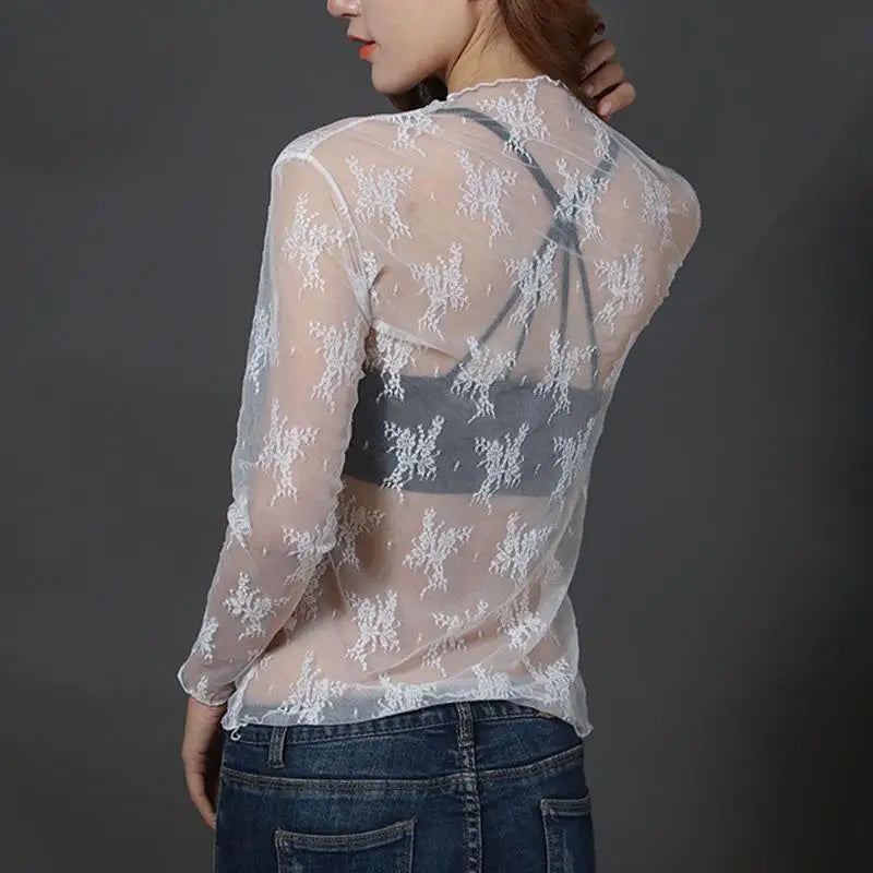 Blusa feminina de renda com camiseta de fundo, primavera e outono, manga longa, malha colheita. Topo estilo estrangeiro, sexy, com detalhes ocos e gola alta.