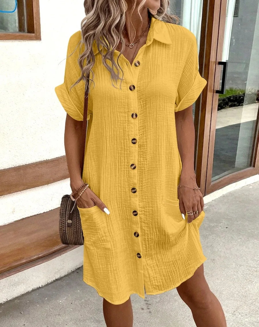 Vestido feminino de verão 2025, nova moda simples e sexy, com decote em V, botão único, mangas curtas e bolsos.