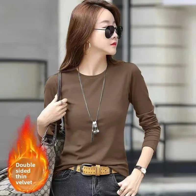 Camiseta feminina slim fit de manga longa com gola redonda, estilo simples e elegante, decorada com detalhes em linha, perfeita para o outono e inverno, feita de poliéster.