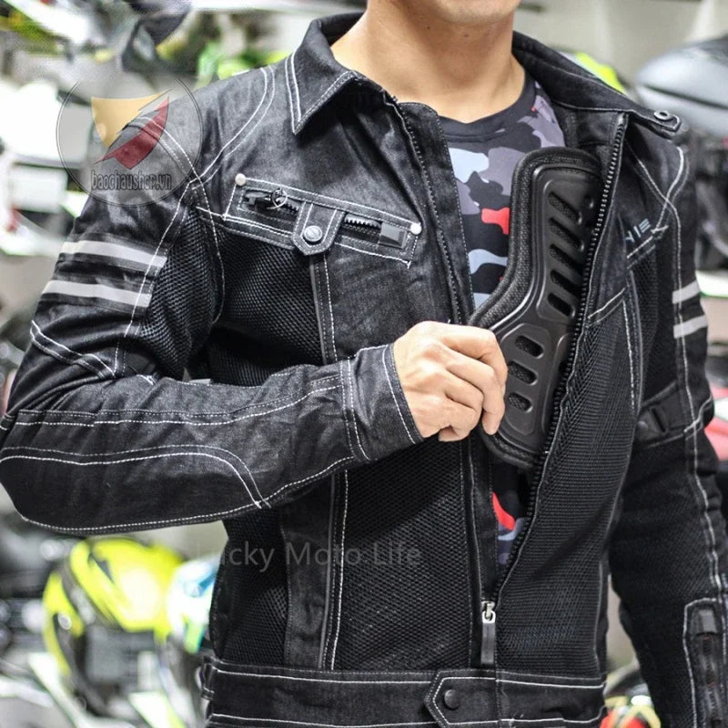 Jaqueta Komine JK006 - Primavera, Respirável, em Denim, Ideal para Corridas e Passeios de Alto Desempenho, com Resistência à Queda. Jaqueta para Motocicleta.