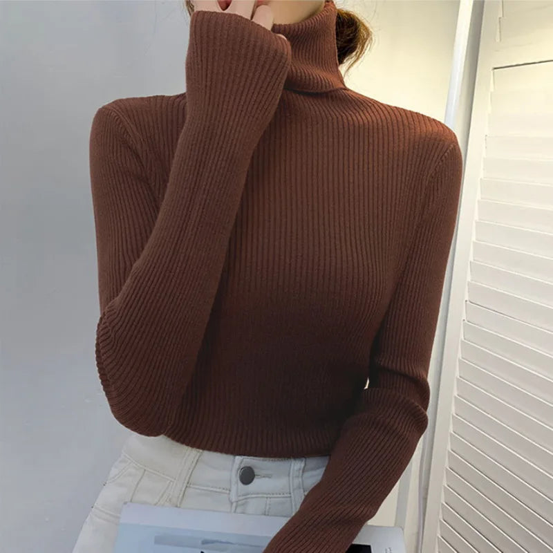 Blusa feminina de manga longa com gola alta, estilo Harajuku. Pulôver de malha fina, ajuste magro e elástico, básico e sólido, perfeito para compor looks simples.
