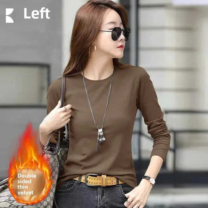 Camiseta feminina slim fit de manga longa com gola redonda, estilo simples e elegante, decorada com detalhes em linha, perfeita para o outono e inverno, feita de poliéster.