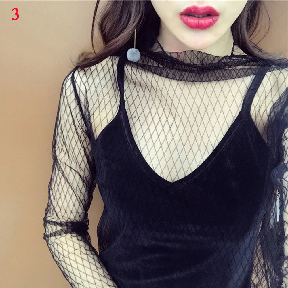 Blusa feminina de renda com camiseta de fundo, primavera e outono, manga longa, malha colheita. Topo estilo estrangeiro, sexy, com detalhes ocos e gola alta.