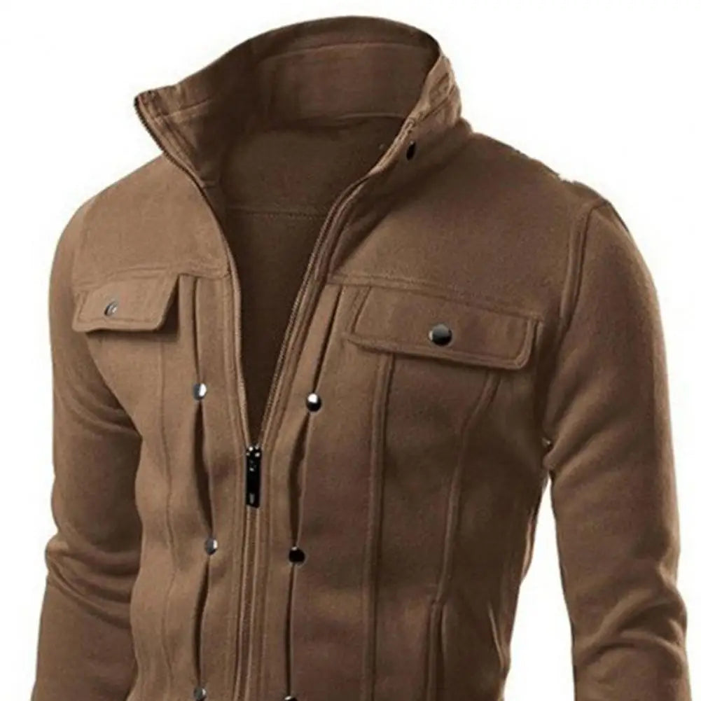Jaqueta Masculina  - Vestuário Externo em Cor Sólida, com Gola, Fecho de Botões e Zíper, Ideal para Primavera e Outono, Modelo Longo para Homens.