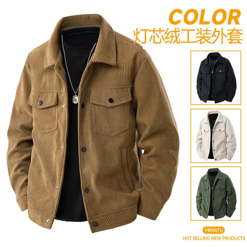 Jaqueta de lapela de veludo masculina para primavera e outono, nova marca retro americana, solta e bonita, com múltiplos bolsos.