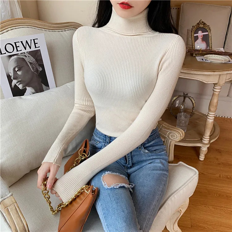Blusa Feminina de Outono/Inverno 2025: Pulôver de Malha com Manga Longa, Gola Alta e Nervuras, Dobrável, Macia e Quente.