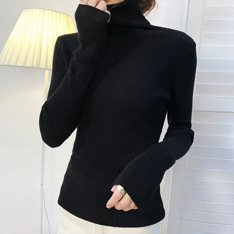 Blusa feminina de manga longa com gola alta, estilo Harajuku. Pulôver de malha fina, ajuste magro e elástico, básico e sólido, perfeito para compor looks simples.