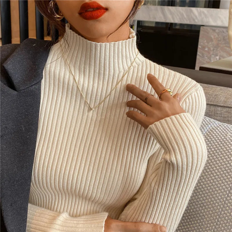 Blusa feminina de manga longa com gola alta, estilo Harajuku. Pulôver de malha fina, ajuste magro e elástico, básico e sólido, perfeito para compor looks simples.