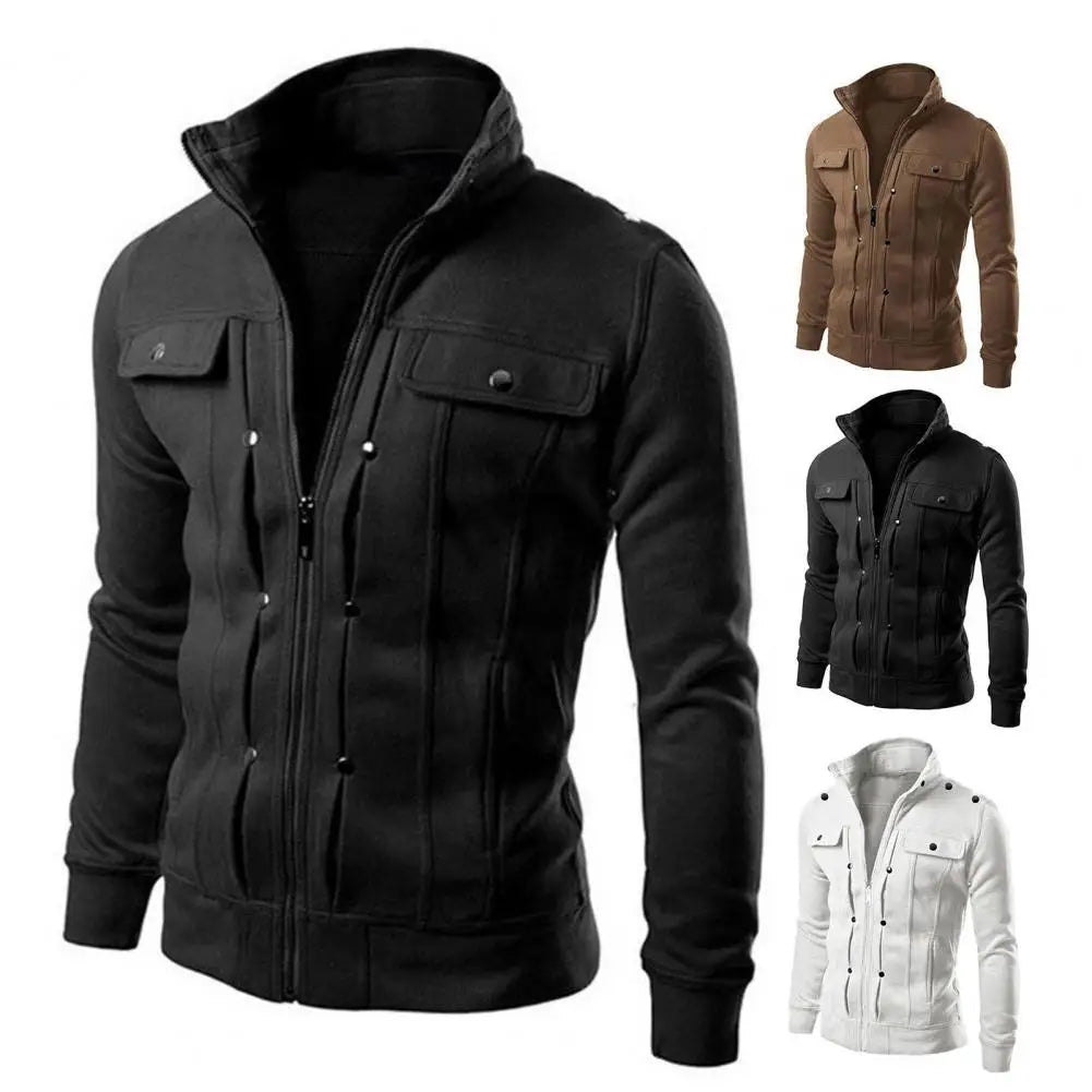 Jaqueta Masculina  - Vestuário Externo em Cor Sólida, com Gola, Fecho de Botões e Zíper, Ideal para Primavera e Outono, Modelo Longo para Homens.