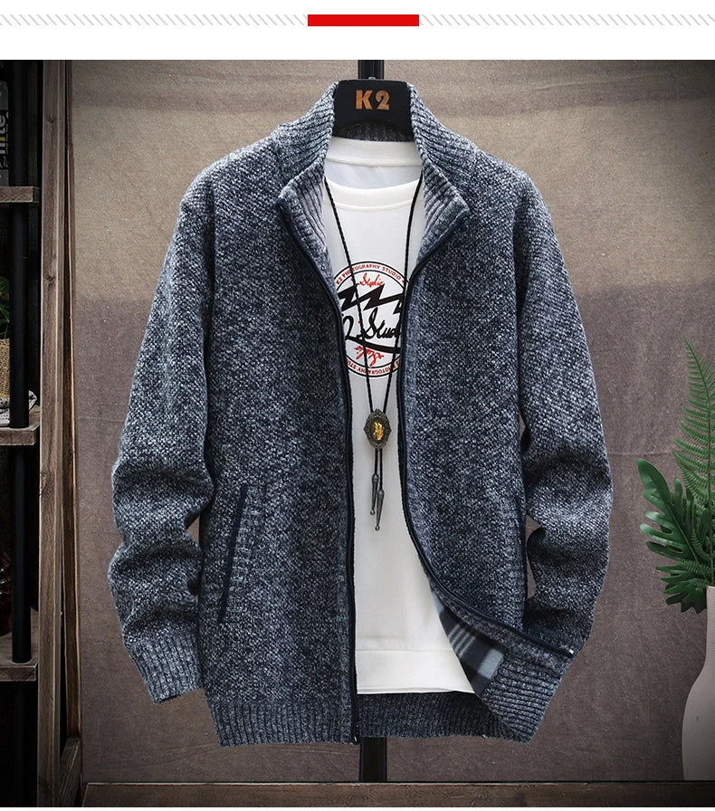 Blusas de lã masculinas para outono e inverno, com zíper. Este cardigan coreano é quente e esportivo, perfeito para os meses frios. Disponível em marrom, é uma peça versátil para o guarda-roupa masculino.