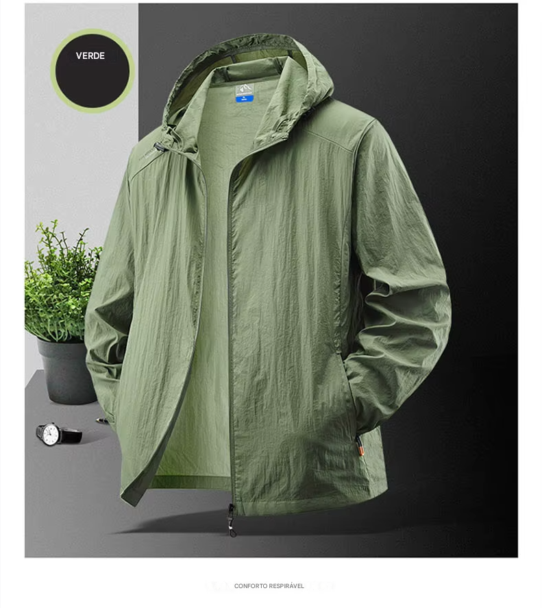 Jaqueta masculina à prova d'água para o verão, ideal para caminhadas, pesca e ciclismo. Com capuz, leve e com proteção solar.