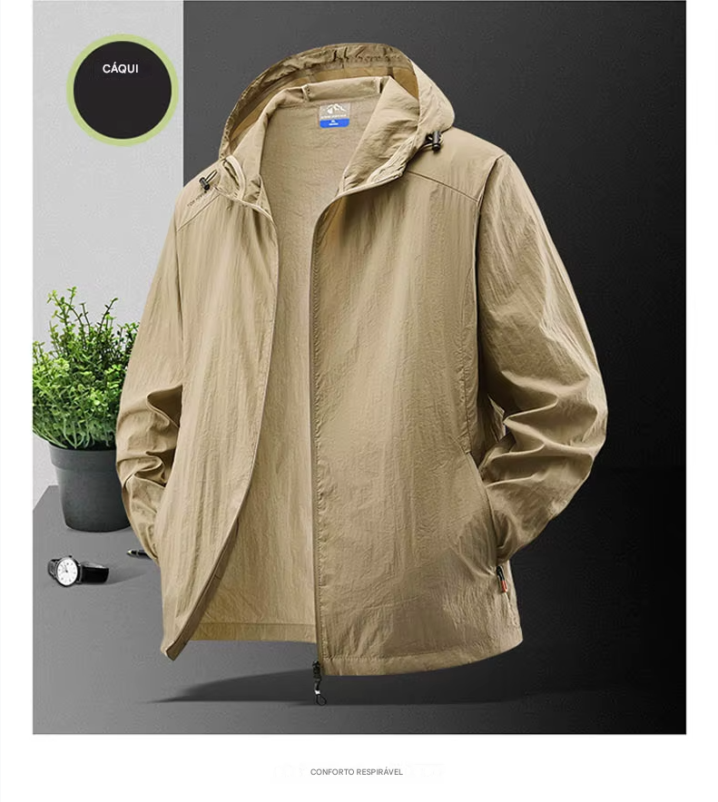 Jaqueta masculina à prova d'água para o verão, ideal para caminhadas, pesca e ciclismo. Com capuz, leve e com proteção solar.