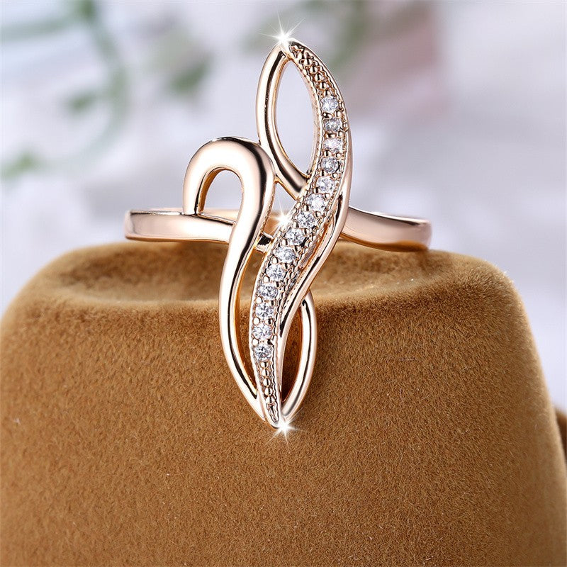 Anel Infinito Exclusivo para Mulheres, com Design de Folhas Geométricas de Árvore, Aliança de Casamento em Champanhe Dourado com Zircônia Branca – Anel de Coquetel Ideal para Festas.