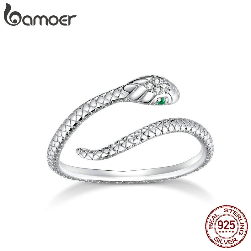 Bamoer | Anel Ajustável em Prata Esterlina 925, Banhado a Platina, com Zircão Verde e Textura Retrô de Cobra – Disponível em 4 Cores.