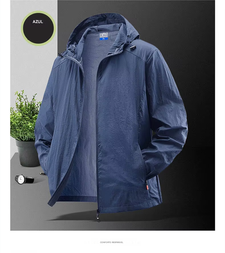 Jaqueta masculina à prova d'água para o verão, ideal para caminhadas, pesca e ciclismo. Com capuz, leve e com proteção solar.