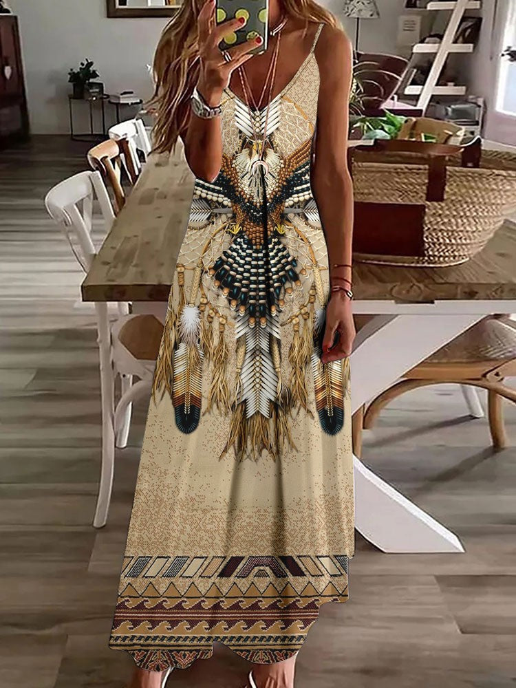 Vestido longo feminino com estampa de coruja indiana, sem mangas, decote V, casual e estiloso para o verão.