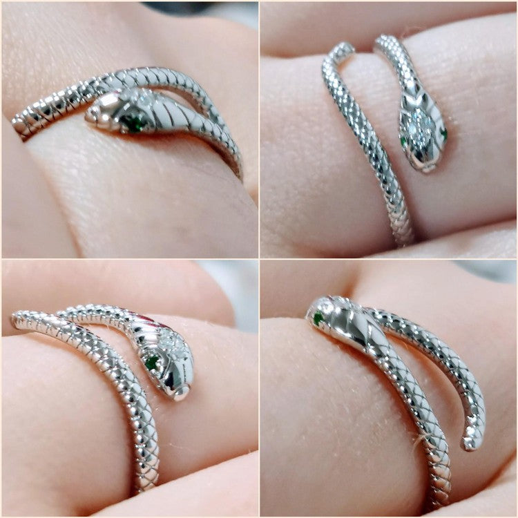 Bamoer | Anel Ajustável em Prata Esterlina 925, Banhado a Platina, com Zircão Verde e Textura Retrô de Cobra – Disponível em 4 Cores.