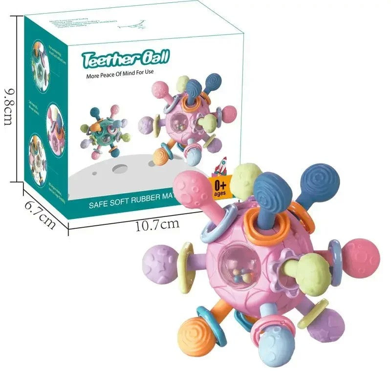 Brinquedo sensorial para bebês 0–12 meses – bola giratória, chocalho, mordedor de silicone e atividade de desenvolvimento.