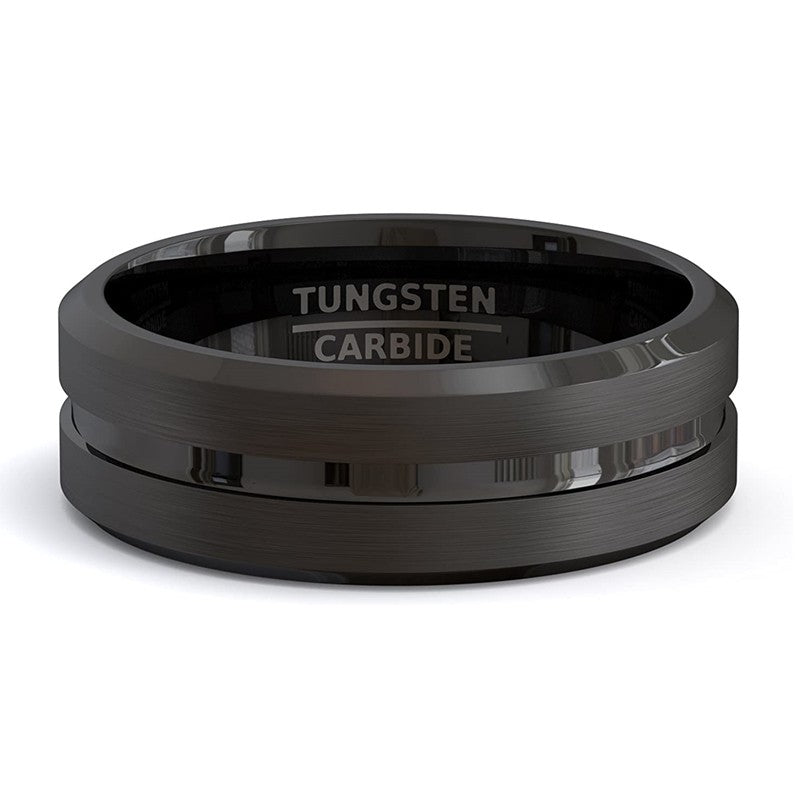 Anel Masculino 8mm em Aço Inoxidável, Ranhura Preta Fosca — Joia Ideal para Casamento, Noivado, Festa ou Presente de Aniversário.