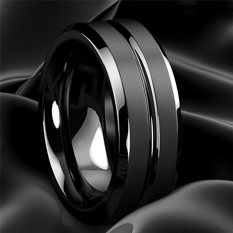 Anel Masculino 8mm em Aço Inoxidável, Ranhura Preta Fosca — Joia Ideal para Casamento, Noivado, Festa ou Presente de Aniversário.